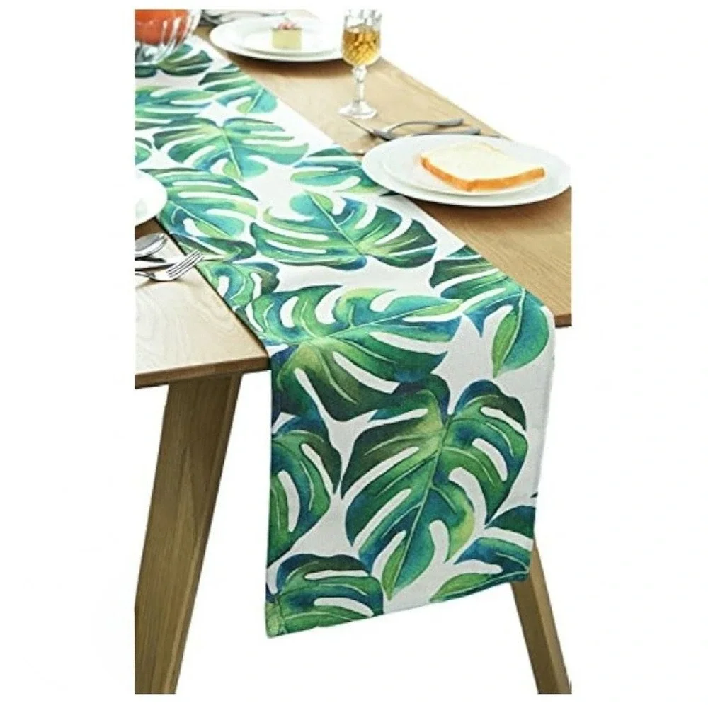 Tropical Monstera Leaf Table Runner Green White Palm Botanical Linen Blend 104in